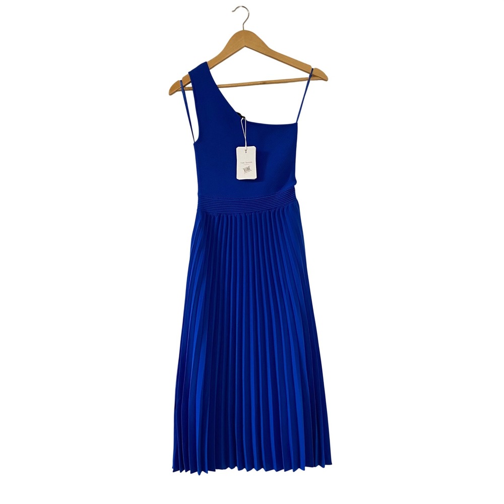 Ted Baker Miriom Asymmetric Knitted Midi Dress Royal Blue One Shoulder Sz 1 NEW - Picture 2 of 5